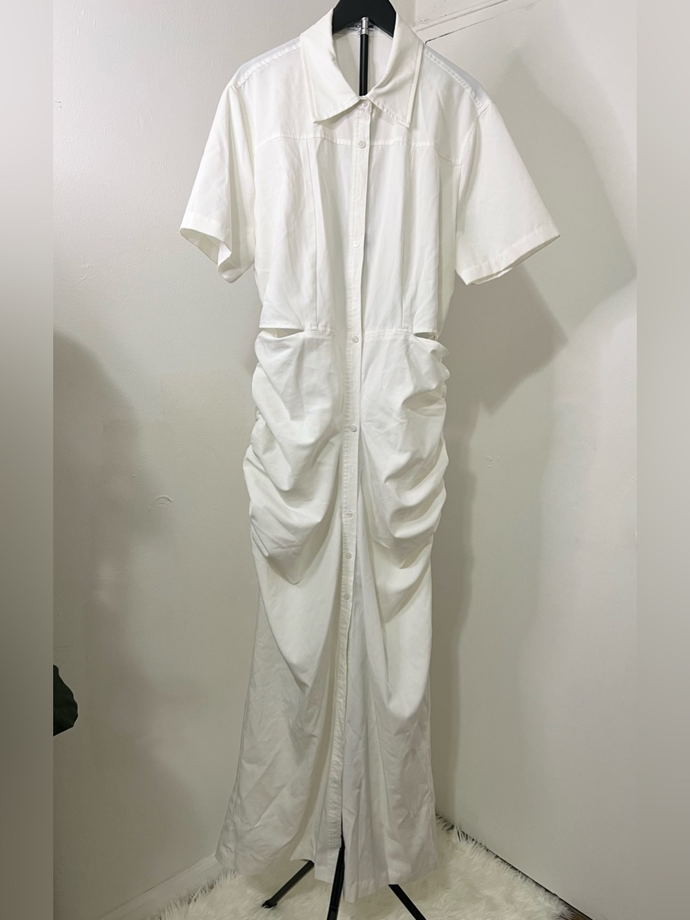 Button-Front White Ruched Maxi Dress